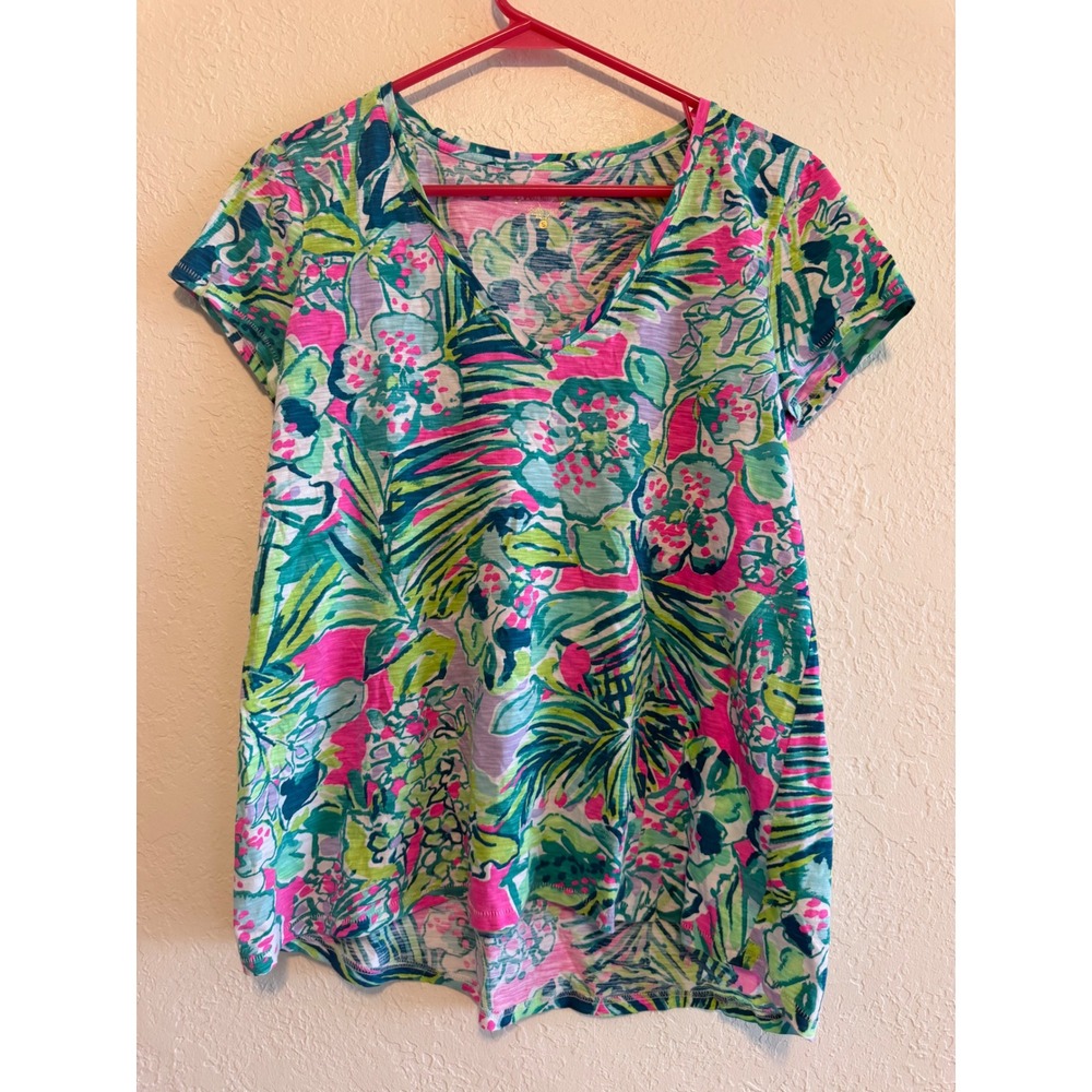 Lilly Pulitzer Etta V-Neck Tee Multi Tropical Floral Cotton Slub Top Small